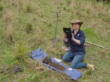 DPE soil scientist collecting and recording soil data in the field
