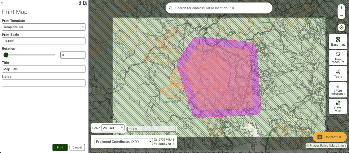 Screenshot showing how to print the map