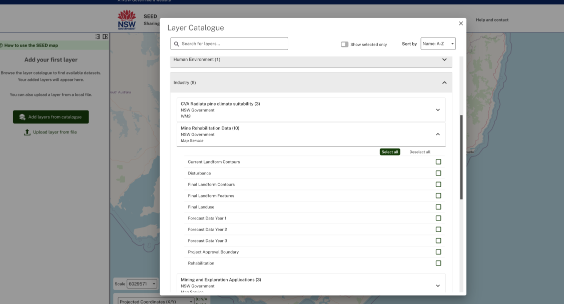 Screenshot showing how to select mining rehabilitation data layers