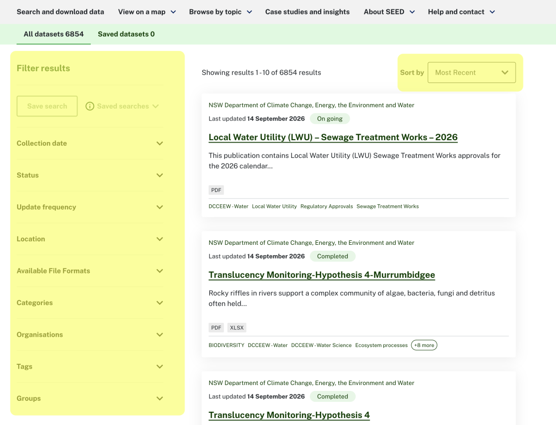 Screenshot of the 'search and downoad data' section's filters, highlighted in yellow