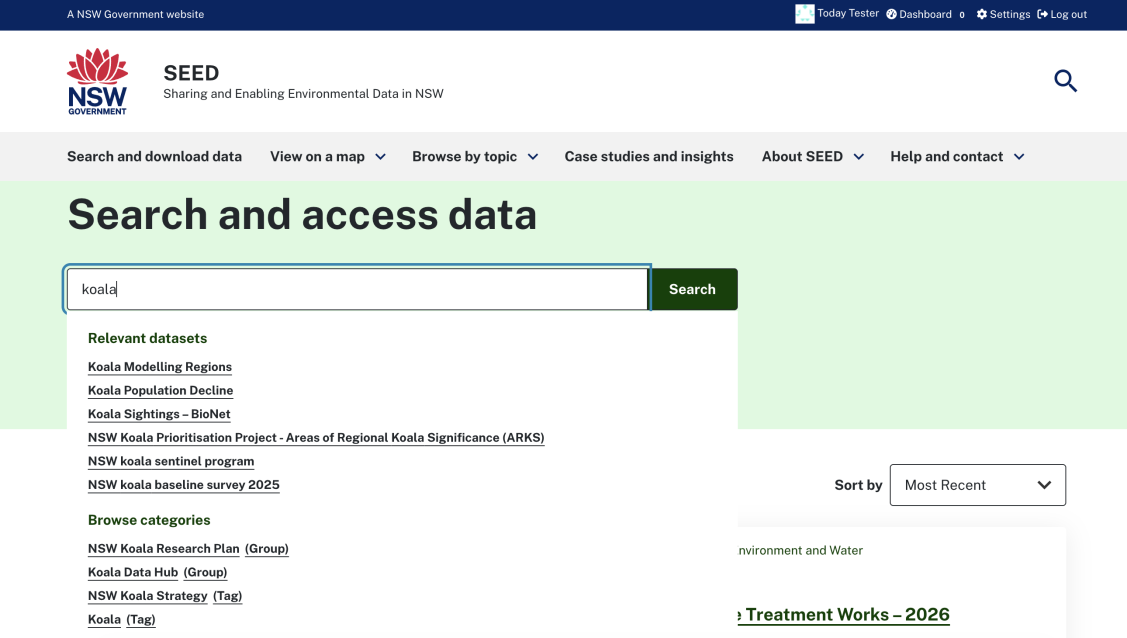 Screenshot of the search and access data search bar predictive text