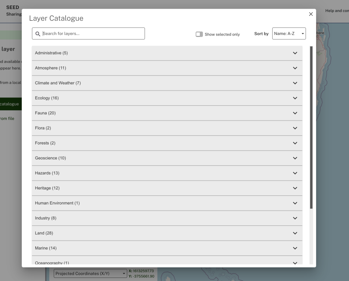 Screenshot showing the layers in the layer catalogue