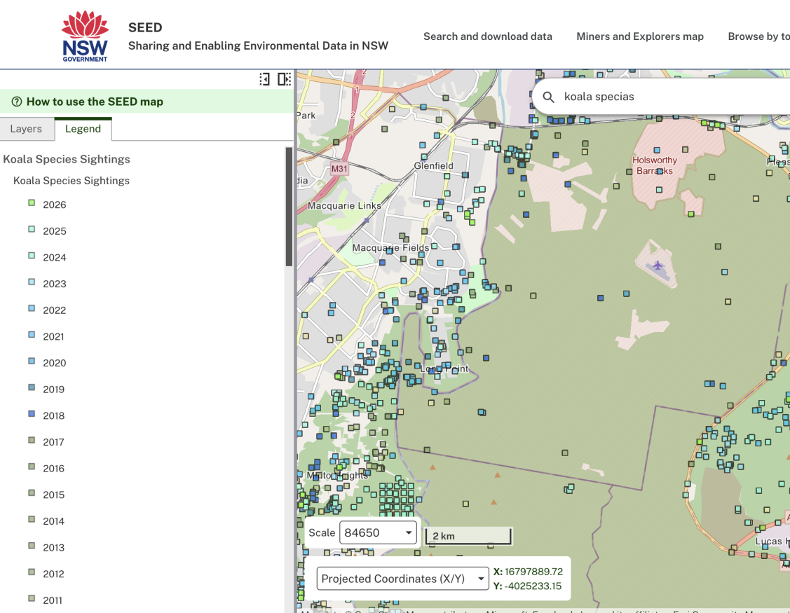 Screenshot showing the legend tab on the map