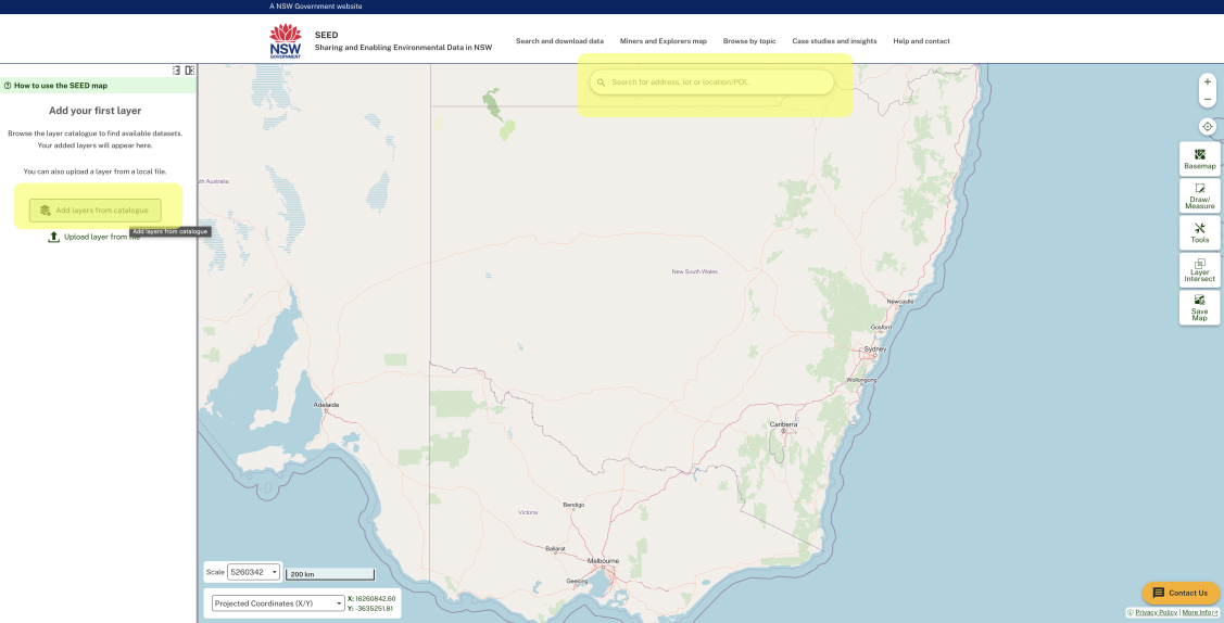 Screenshot showing the SEED Map, and highlighting the 'Add layers from the catalogue'