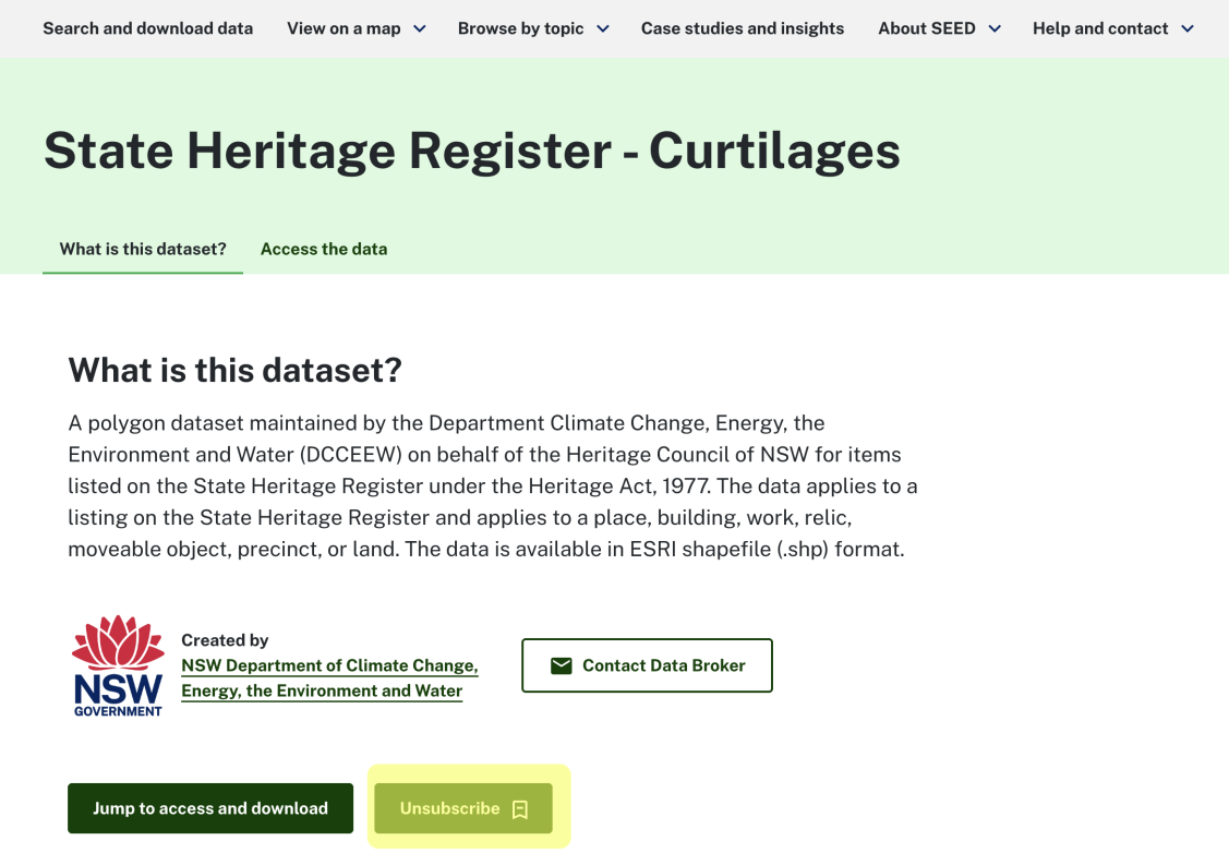 Highlighted 'unsubscribe' button on dataset page
